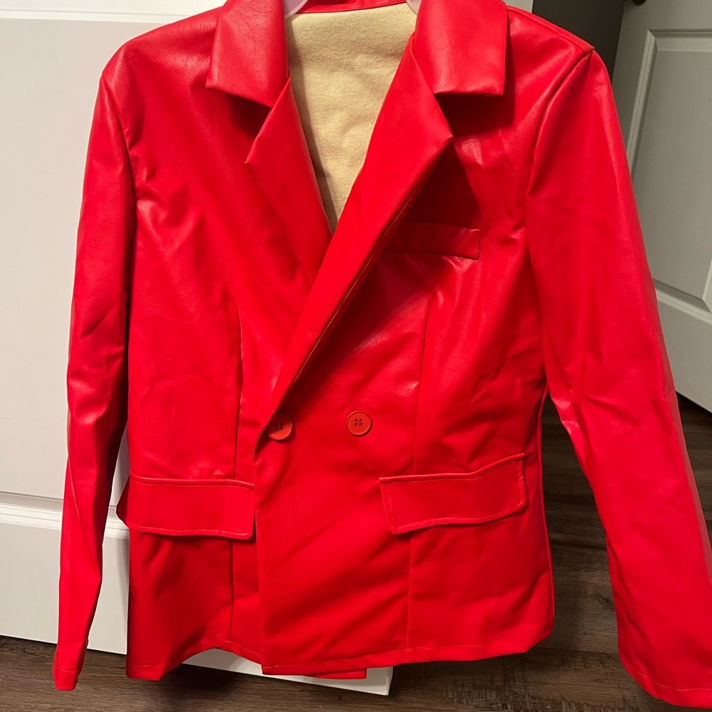 SHEIN long red leather blazer